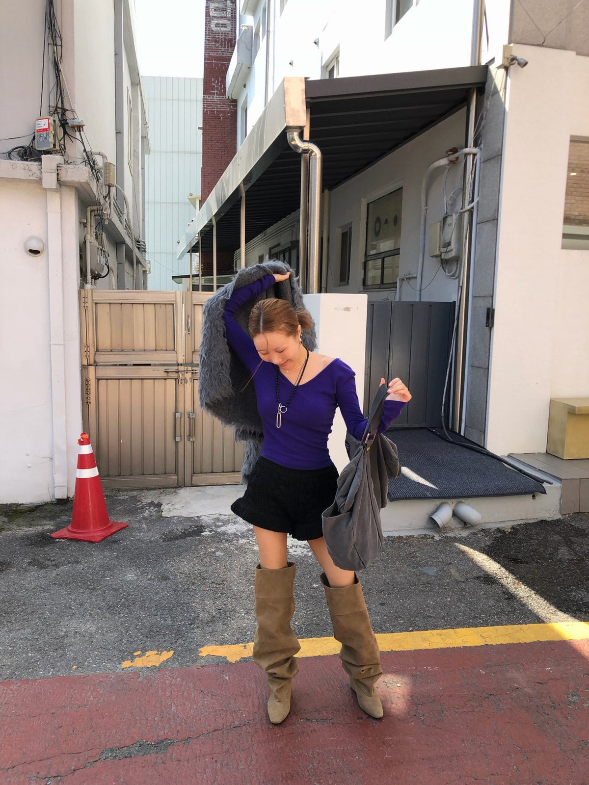 韓国カジュアル レディース パープルとニットショーパン