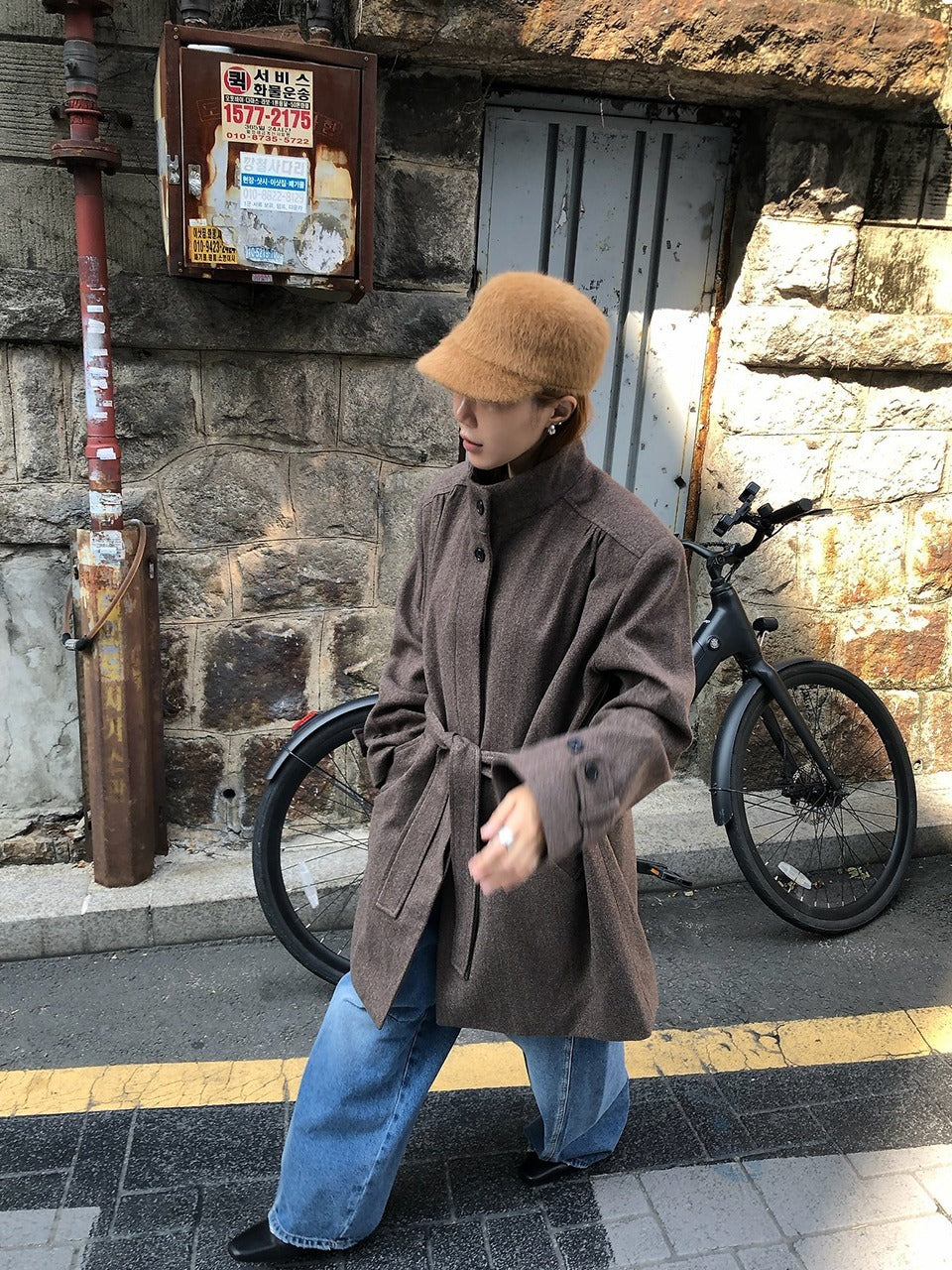 韓国レディースファッション ヘリンボーンロングコート ブラウン