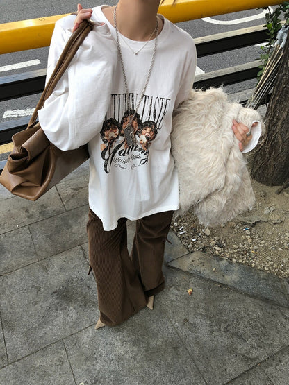 韓国レディースファッション プリントロンT ホワイト