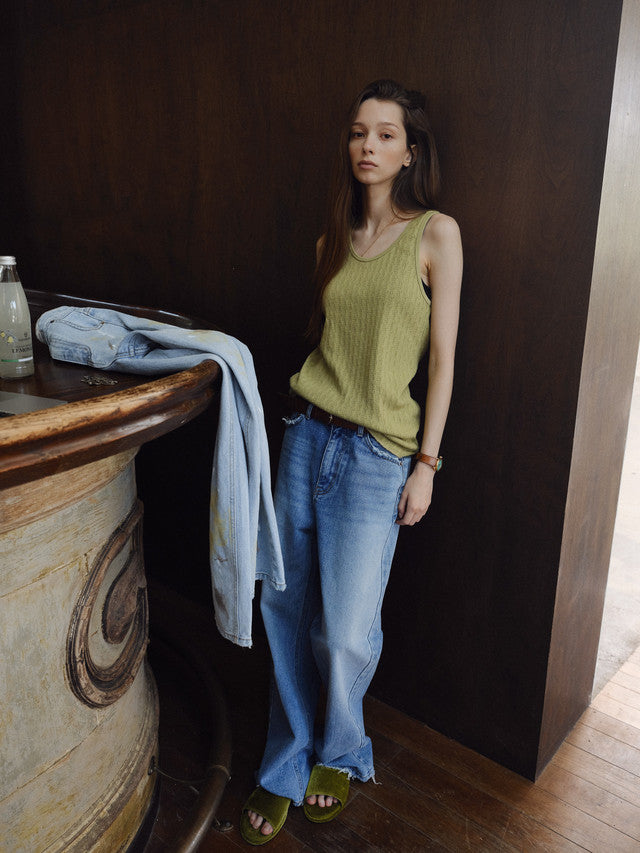 韓国ファッション レディース タンクトップとワイドデニム