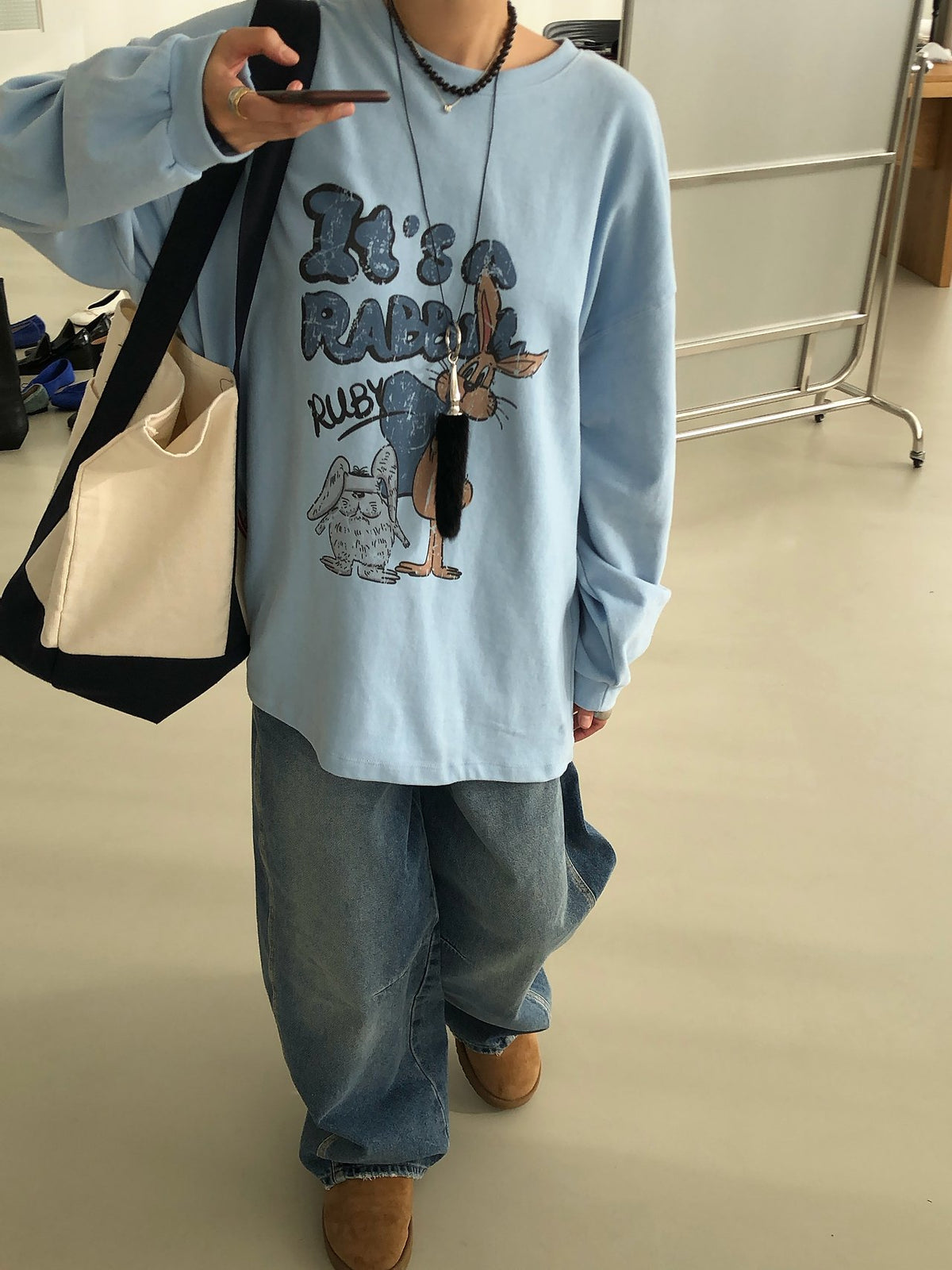 韓国ファッション レディース スカイブルーのうさぎT