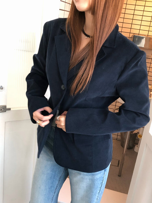 韓国 ジャケット レディース ネイビーのコーデュロイ