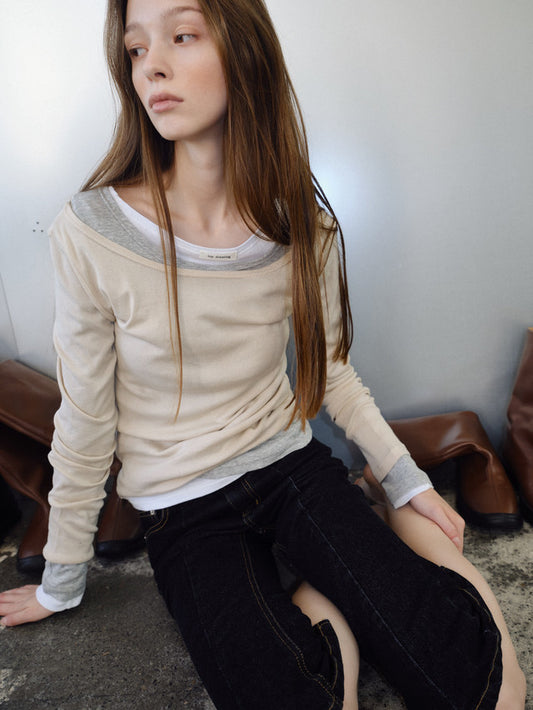 韓国 ロンT レディース ベージュのボートネック