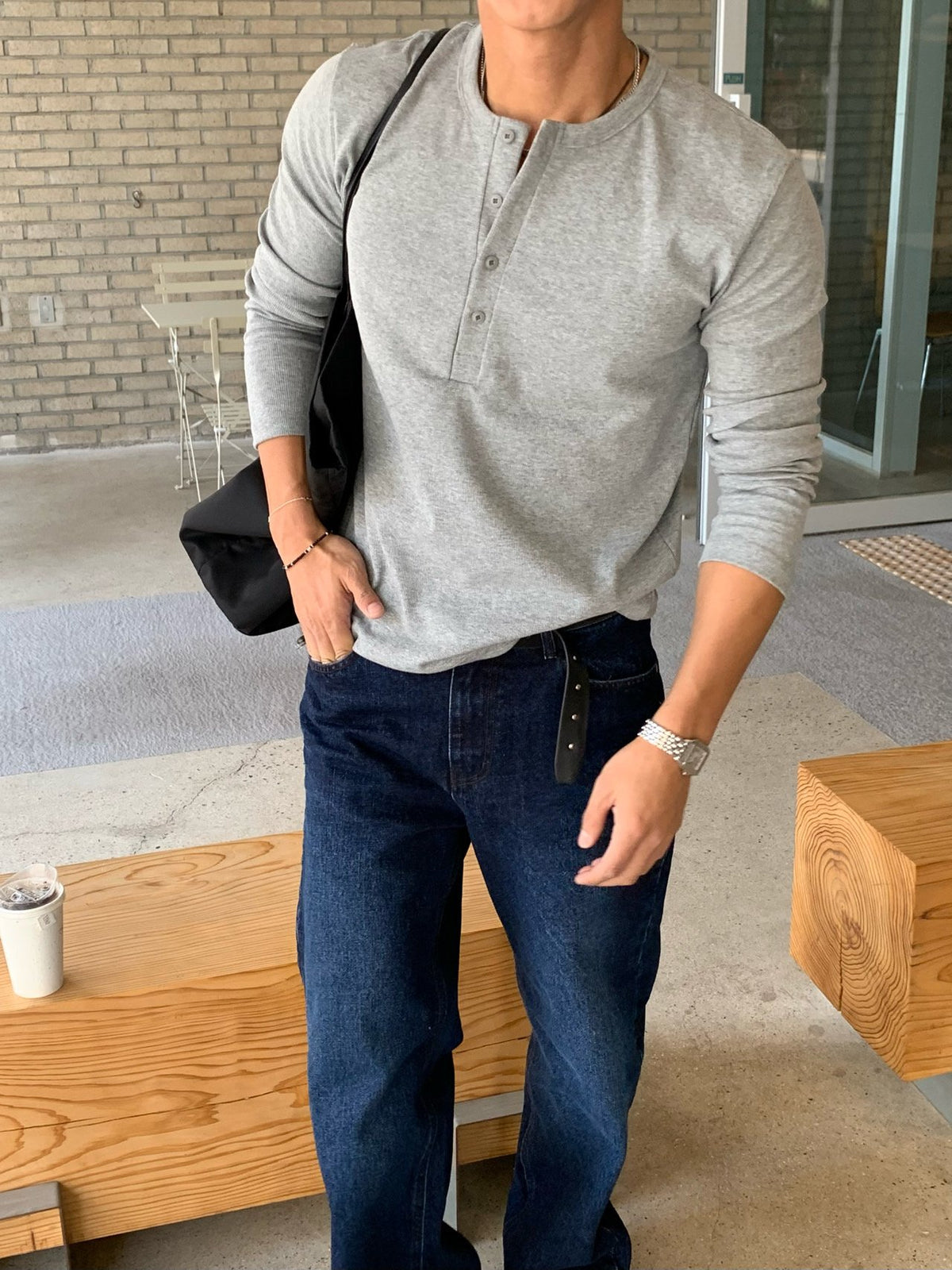 MAGNOLIA Airy Henley Long Sleeve Tee(BLACK,GRAY,WHITE) 商品画像1/26