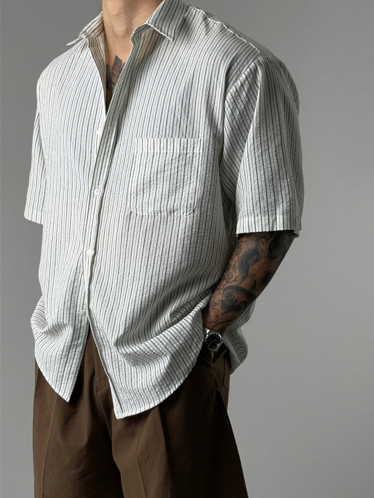 MAGNOLIA Airy Stripe Half Shirt(IVORY,BLUE,BEIGE) 商品画像1/10