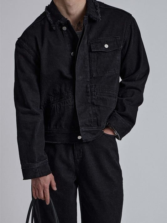 MAGNOLIA Raw Edge Black Denim Trucker Jacket 韓国メンズファッション 01