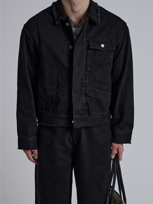 MAGNOLIA Raw Edge Black Denim Trucker Jacket 韓国メンズファッション 02