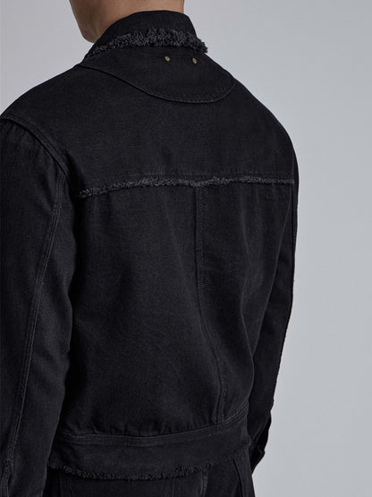 MAGNOLIA Raw Edge Black Denim Trucker Jacket 韓国メンズファッション 04