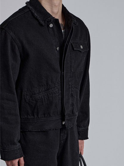 MAGNOLIA Raw Edge Black Denim Trucker Jacket 韓国メンズファッション 05