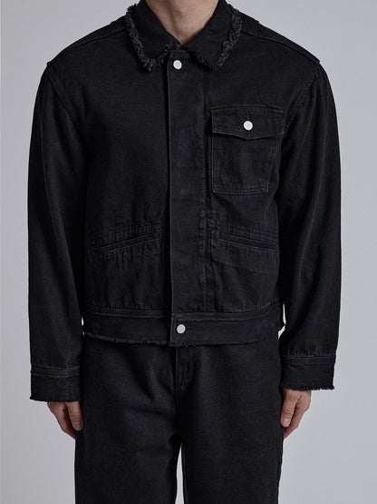 MAGNOLIA Raw Edge Black Denim Trucker Jacket 韓国メンズファッション 06