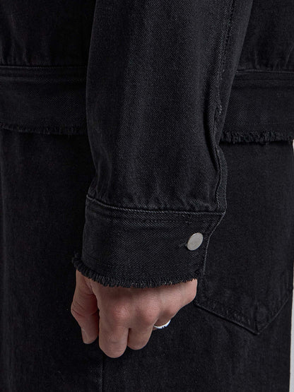 MAGNOLIA Raw Edge Black Denim Trucker Jacket 韓国メンズファッション 09