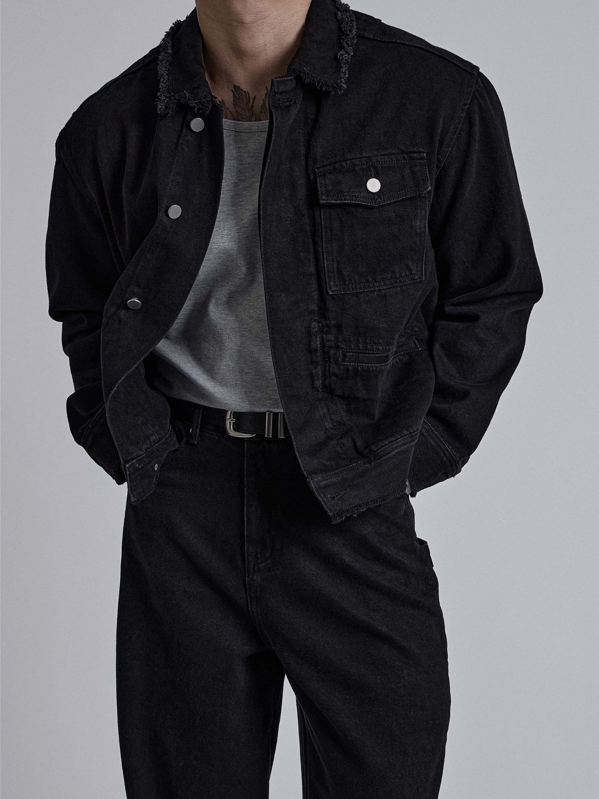 MAGNOLIA Raw Edge Black Denim Trucker Jacket 韓国メンズファッション 14