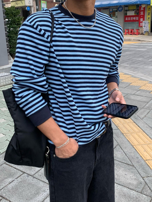MAGNOLIA Border Waffle Long Sleeve T(BLUE,CHARCOAL) 商品画像1/19