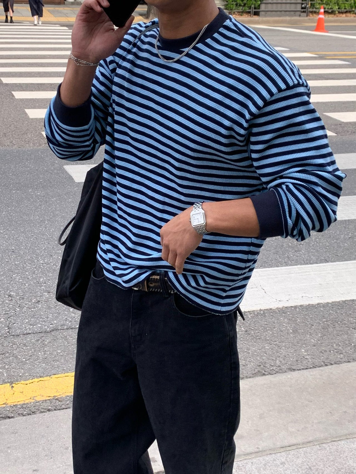 MAGNOLIA Border Waffle Long Sleeve T(BLUE,CHARCOAL) 商品画像2/19