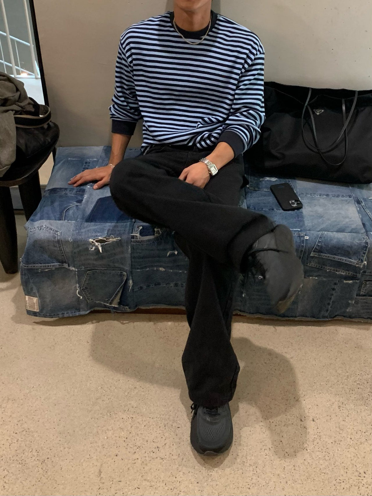 MAGNOLIA Border Waffle Long Sleeve T(BLUE,CHARCOAL) 商品画像6/19
