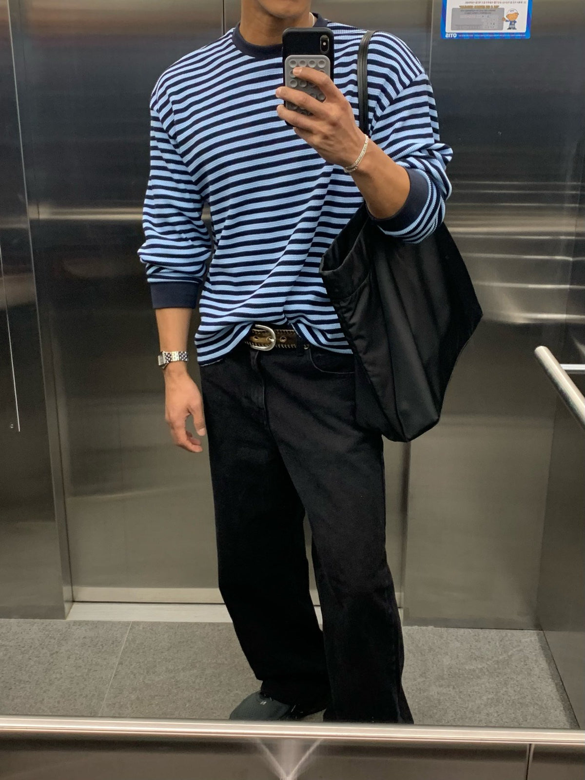 MAGNOLIA Border Waffle Long Sleeve T(BLUE,CHARCOAL) 商品画像8/19