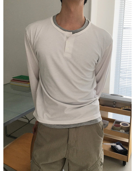 MAGNOLIA Cropped Layered Henley Neck Tee(WHITE,CHARCOAL,BLACK) 商品画像1/15