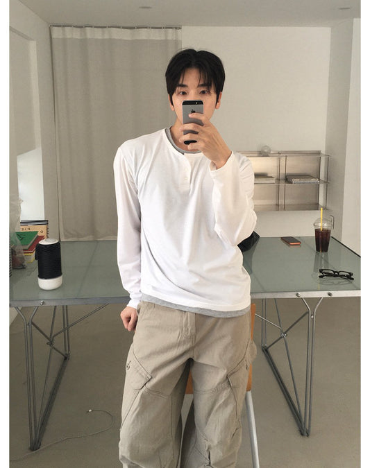MAGNOLIA Cropped Layered Henley Neck Tee(WHITE,CHARCOAL,BLACK) 商品画像2/15