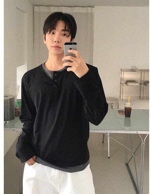 MAGNOLIA Cropped Layered Henley Neck Tee(WHITE,CHARCOAL,BLACK) 商品画像4/15