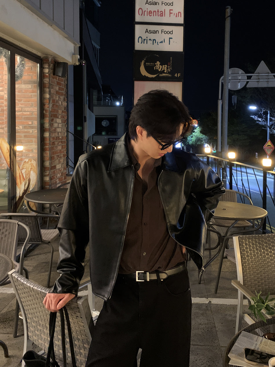 MAGNOLIA Faux Leather Zip-Up Jacket(BROWN,BLACK) 商品画像4/18