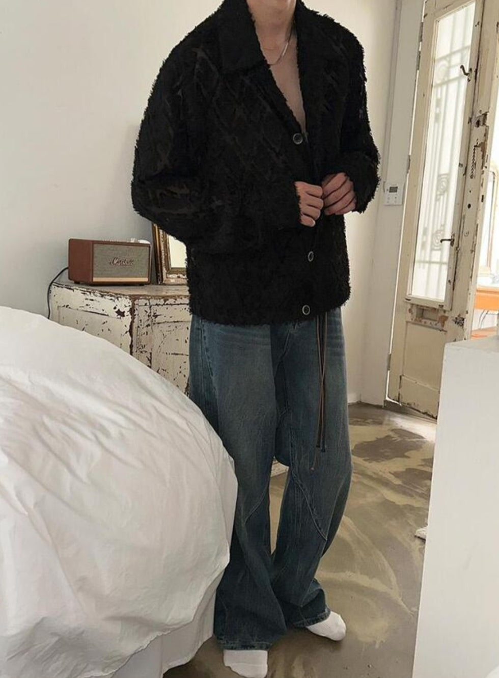 MAGNOLIA Feather Fringe Jacquard Shirt(BLACK,IVORY) 商品画像6/14
