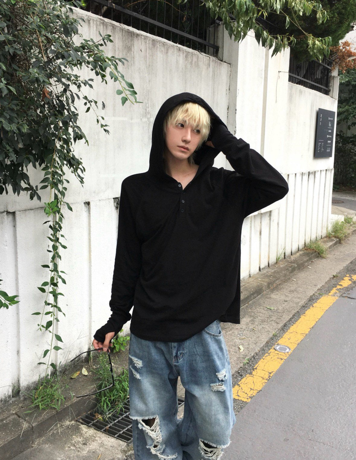 MAGNOLIA Finger Hole Henley Neck Hoodie(BLACK, CHARCOAL, NAVY, MELANGE GRAY) 商品画像4/15