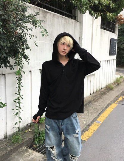 MAGNOLIA Finger Hole Henley Neck Hoodie(BLACK, CHARCOAL, NAVY, MELANGE GRAY) 商品画像4/15