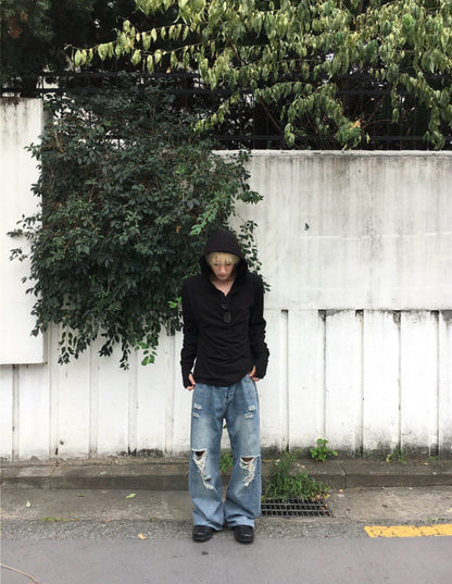 MAGNOLIA Finger Hole Henley Neck Hoodie(BLACK, CHARCOAL, NAVY, MELANGE GRAY) 商品画像5/15