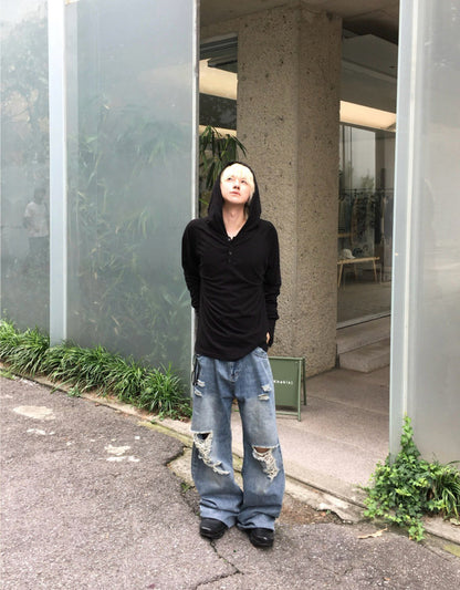 MAGNOLIA Finger Hole Henley Neck Hoodie(BLACK, CHARCOAL, NAVY, MELANGE GRAY) 商品画像8/15