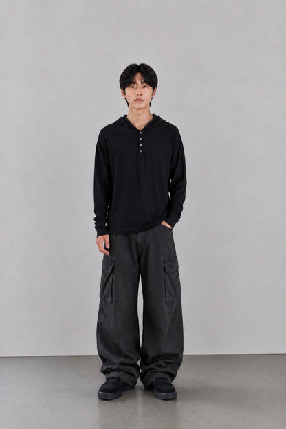 MAGNOLIA Finger Hole Henley Neck Hoodie(BLACK, CHARCOAL, NAVY, MELANGE GRAY) 商品画像12/15