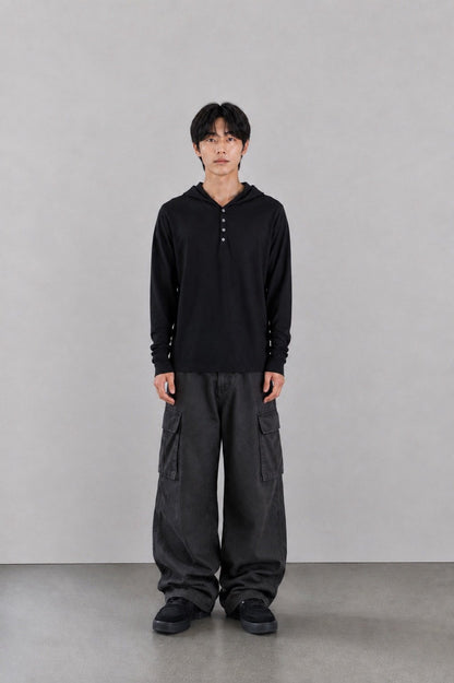MAGNOLIA Finger Hole Henley Neck Hoodie(BLACK, CHARCOAL, NAVY, MELANGE GRAY) 商品画像13/15