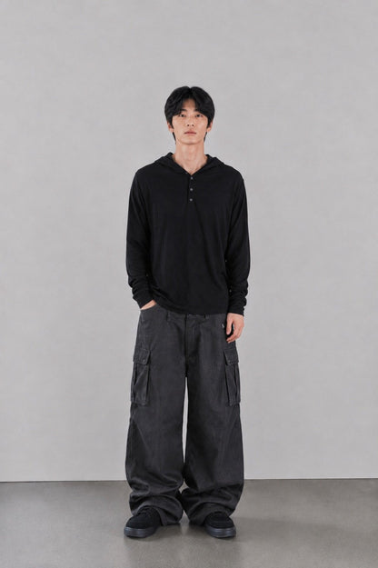 MAGNOLIA Finger Hole Henley Neck Hoodie(BLACK, CHARCOAL, NAVY, MELANGE GRAY) 商品画像15/15