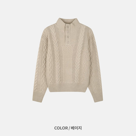 MAGNOLIA High-Neck Cable Henley Knit(BEIGE,NAVY,BLACK) 商品画像2/9