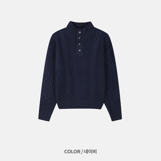 MAGNOLIA High-Neck Cable Henley Knit(BEIGE,NAVY,BLACK) 商品画像3/9