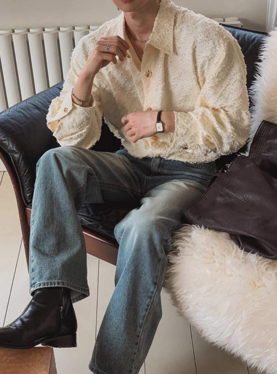 MAGNOLIA Jacquard Fringe Shirt(BLACK,IVORY) 商品画像2/26