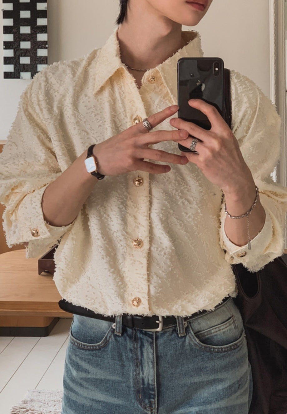 MAGNOLIA Jacquard Fringe Shirt(BLACK,IVORY) 商品画像4/26