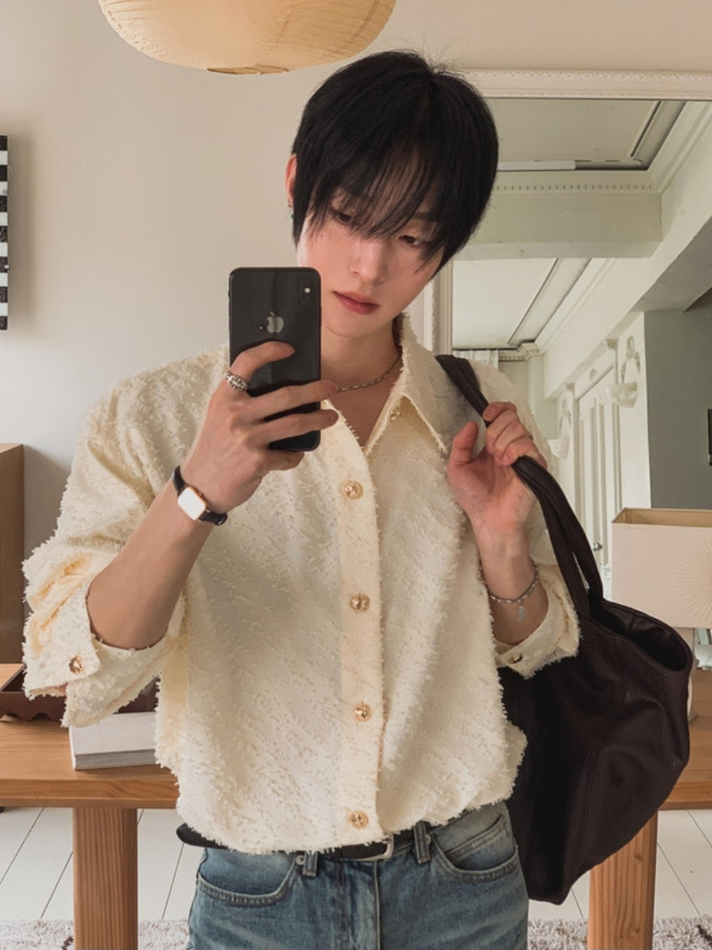 MAGNOLIA Jacquard Fringe Shirt(BLACK,IVORY) 商品画像7/26