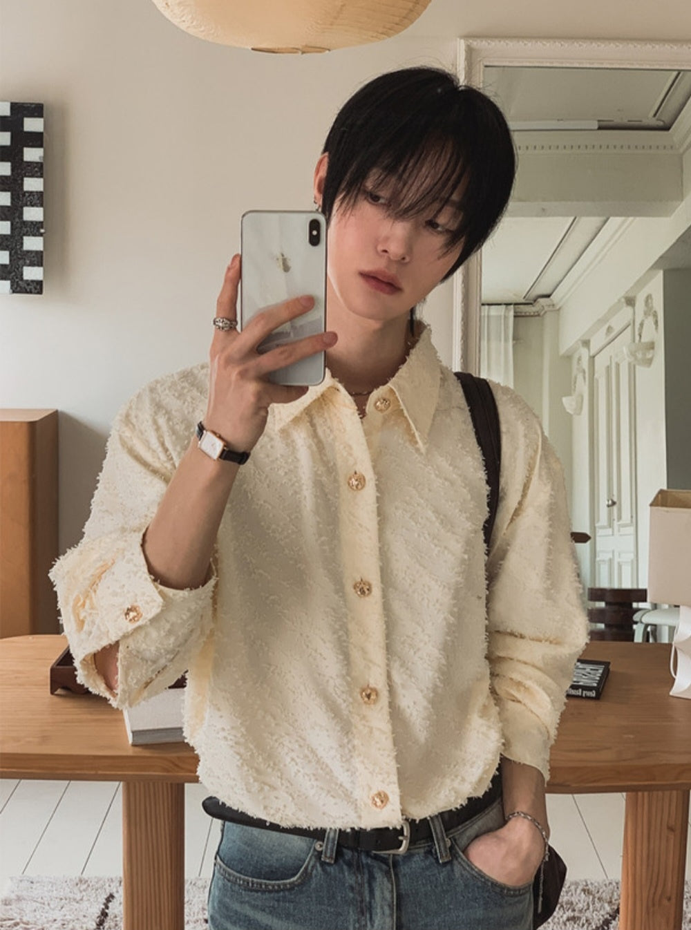 MAGNOLIA Jacquard Fringe Shirt(BLACK,IVORY) 商品画像20/26