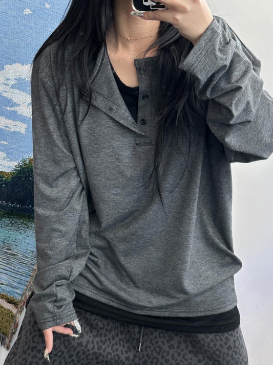 MAGNOLIA Layered Henley Neck Tee(BLACK,GRAY,CHARCOAL,WHITE) 商品画像2/6