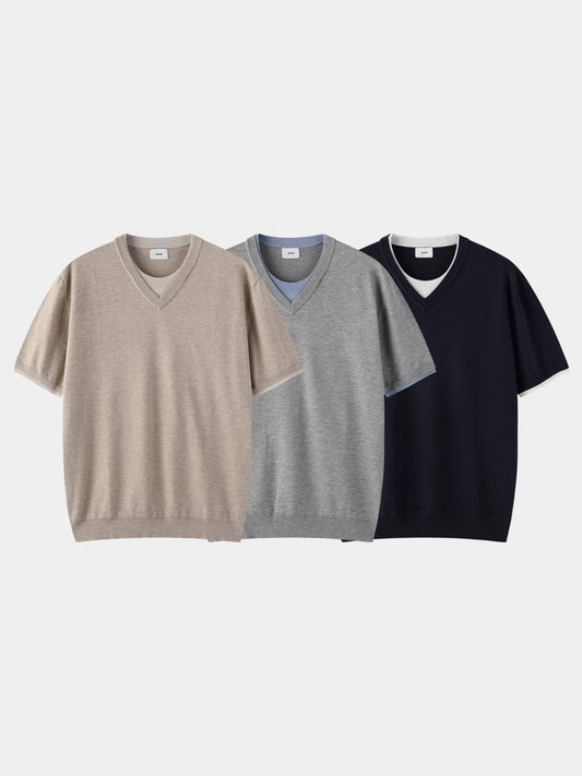 MAGNOLIA Layered V-Neck Knit Tee(GRAY,BEIGE,NAVY) 商品画像1/14