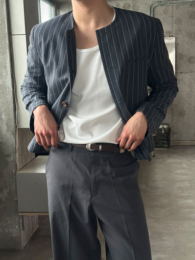 MAGNOLIA Minimal Stripe Collarless Jacket(BLUE,CHARCOAL) 商品画像3/17