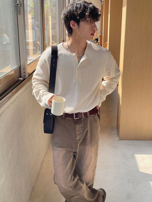 MAGNOLIA Need Textured Henley Long Sleeve(IVORY,CHARCOAL,BLACK) 商品画像3/8