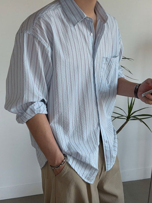 MAGNOLIA Rough Stripe Oversized Shirt(BLUE,CREAM) 商品画像1/18