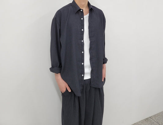 MAGNOLIA Seersucker Texture Long Sleeve Shirt(BLACK,CHARCOAL) 商品画像4/25