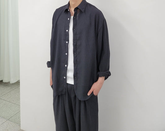 MAGNOLIA Seersucker Texture Long Sleeve Shirt(BLACK,CHARCOAL) 商品画像5/25