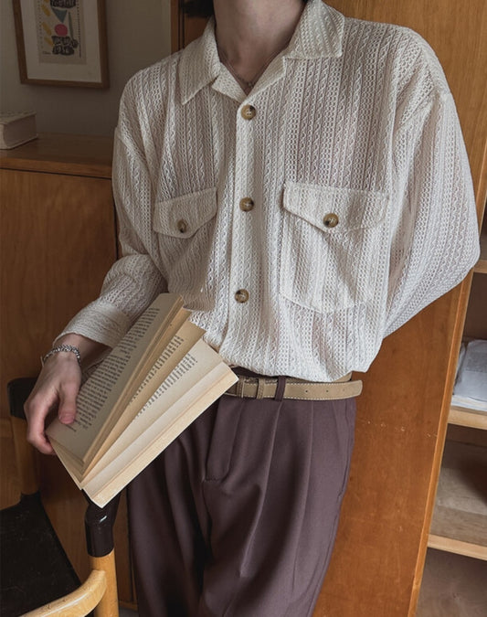 MAGNOLIA Soft Knit Texture Pocket Shirt(BLACK,IVORY) 商品画像2/11