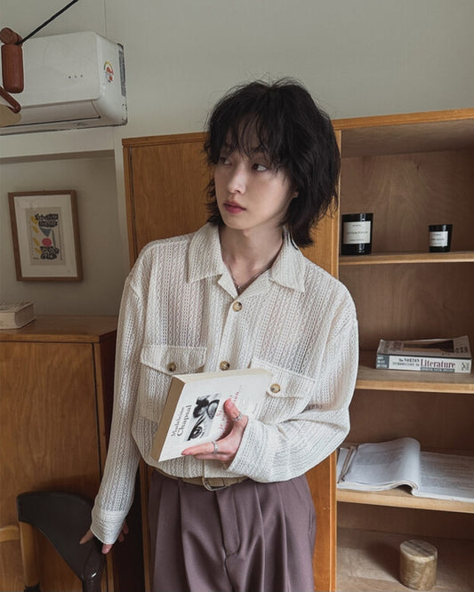 MAGNOLIA Soft Knit Texture Pocket Shirt(BLACK,IVORY) 商品画像5/11