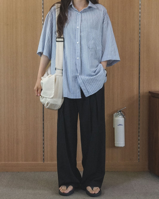 MAGNOLIA Soft Stripe Relax Half Shirt(IVORY,BLUE,BEIGE) 商品画像2/6