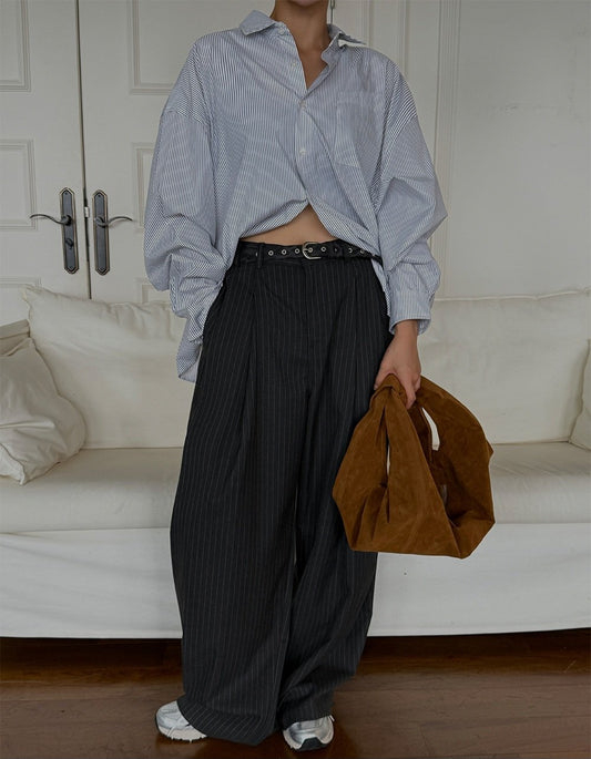 MAGNOLIA Steady Stripe Wide Pintuck Balloon Slacks(BLACK,CHARCOAL) 商品画像4/18