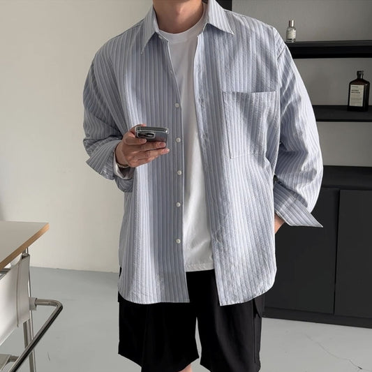 MAGNOLIA Stripe Over Shirt(BLUE,BEIGE) 商品画像1/19